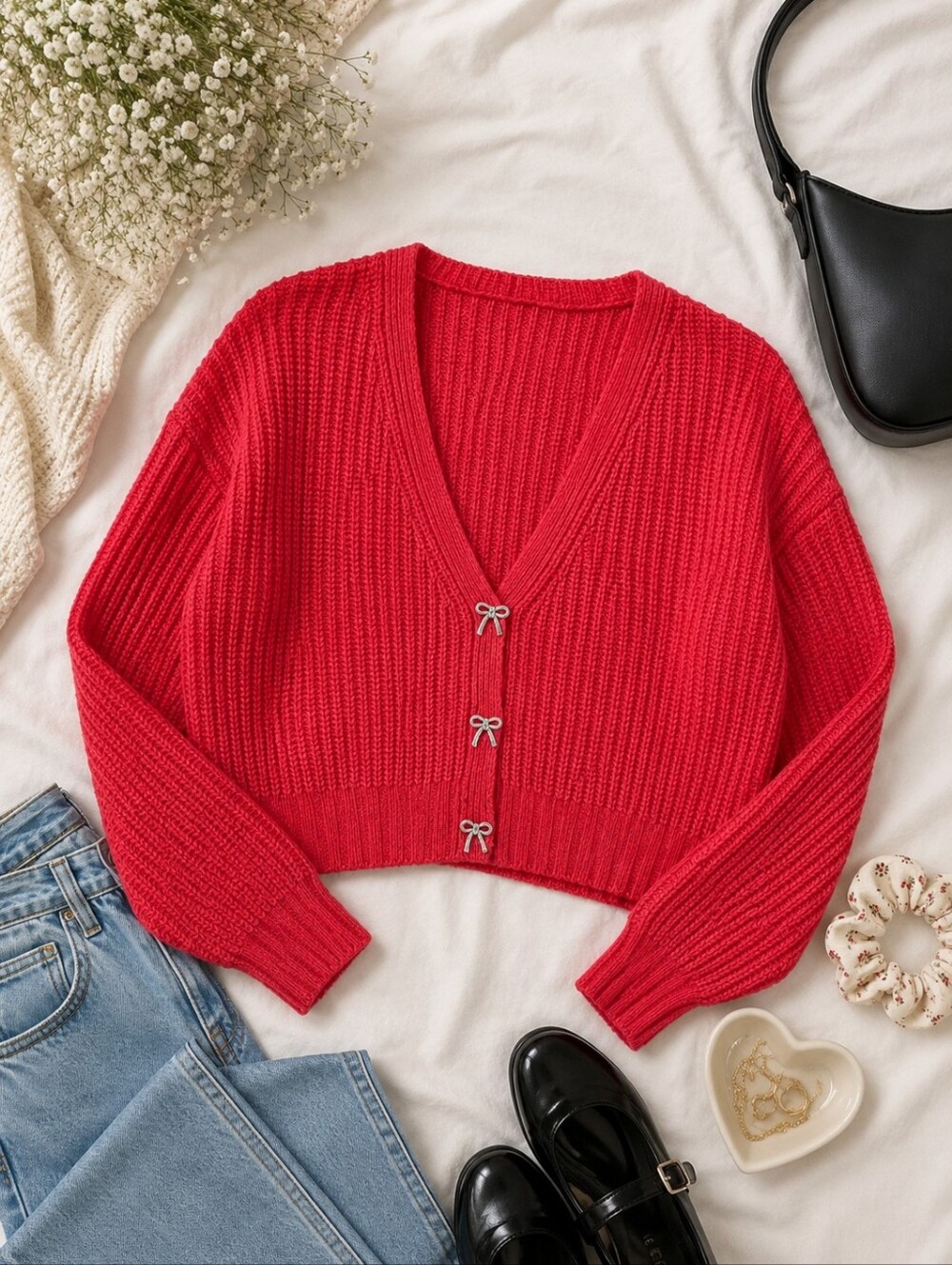 Pink Rose Red Cropped Cardigan Bow Button Knit Sweater Size M